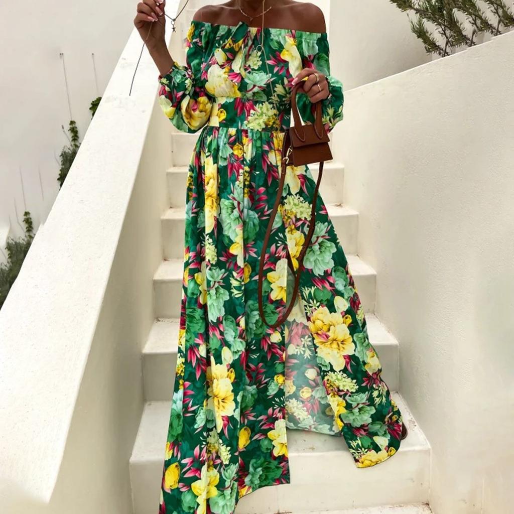 Women's Casual Sexy Flat Neck Pullover Long Sleeve Printed Slit Dress