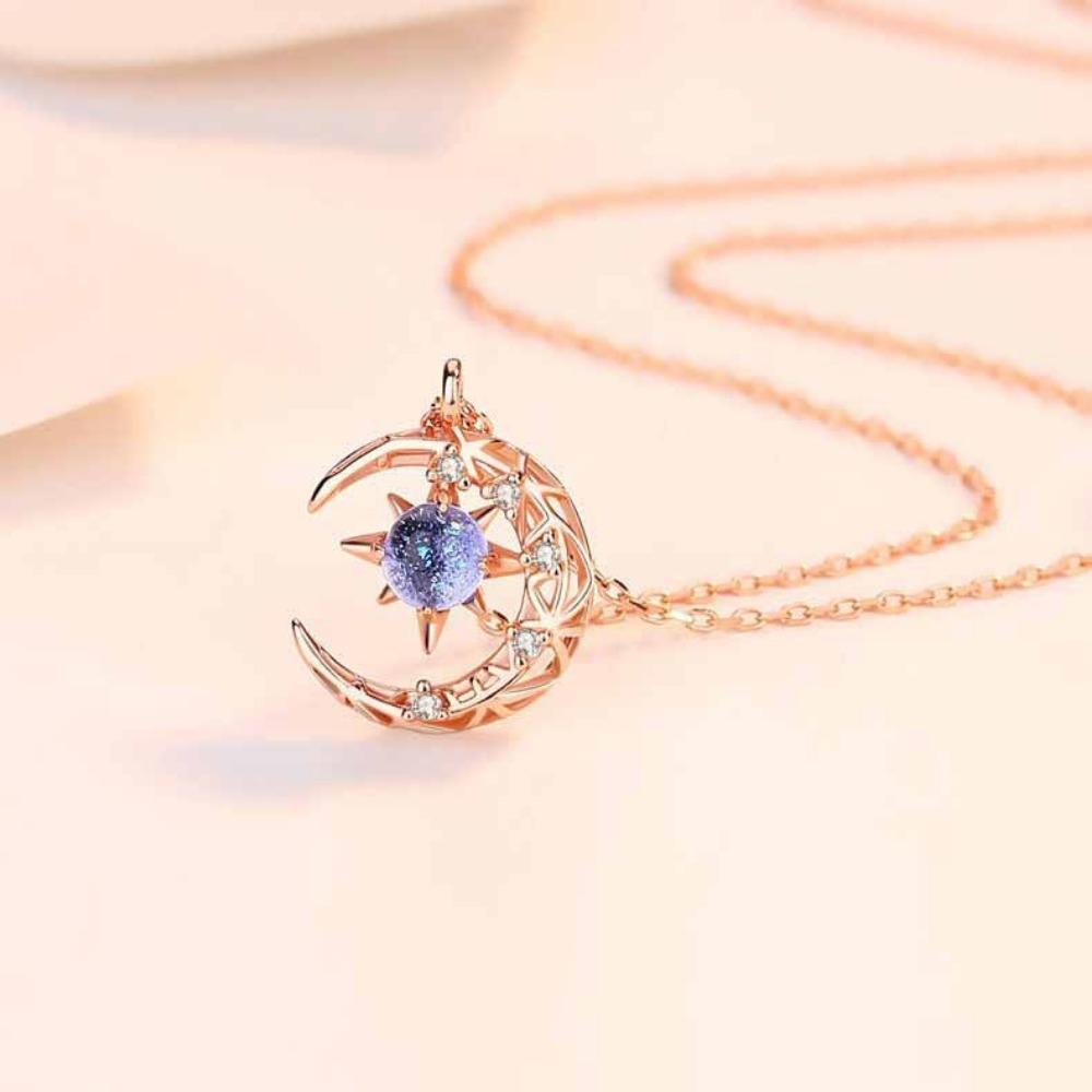 Simple Delicate Elegant Fashion Dream Star Sun Moon Moonstone Necklace Female Collar Chain Wedding Party Pendant NecklaceZircon