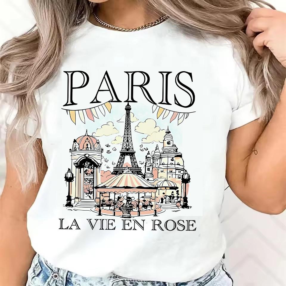 Paris Landmarks Print Fashion T-Shirt Casual Crew Neck T Shirt Top Tee Vintage Top Tee