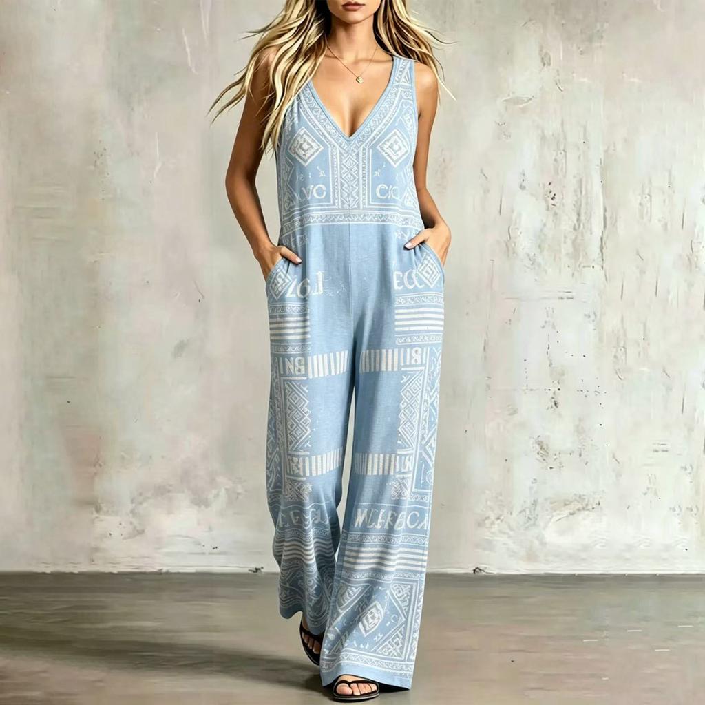Boho Print Ärmelloser Jumpsuit Weiter Bein Lockerer Sitz Einteiler Romper Sommerlich Lässig Strandmode