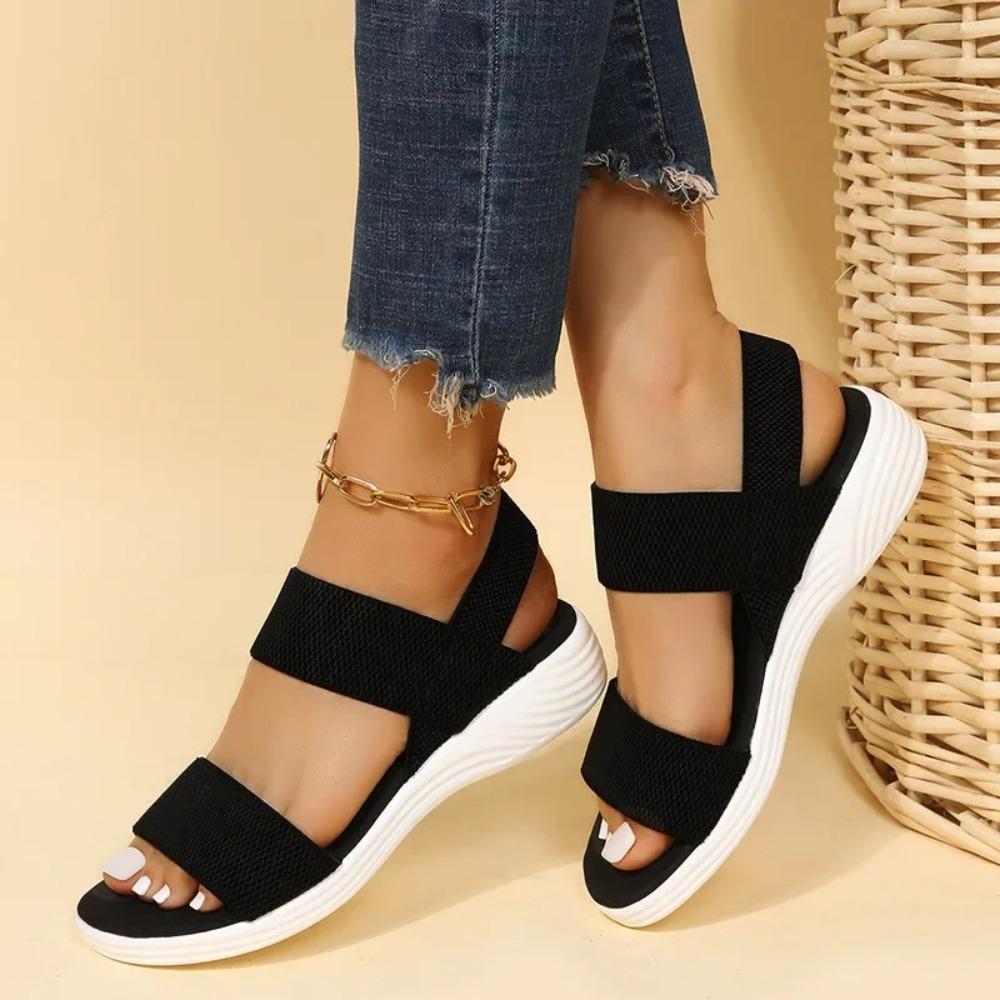 Damen-Sandalen aus elastischem Strickstoff mit Keilabsatz, zum Reinschlüpfen, leichte Wandersandalen, bequeme Sommerschuhe in Übergröße