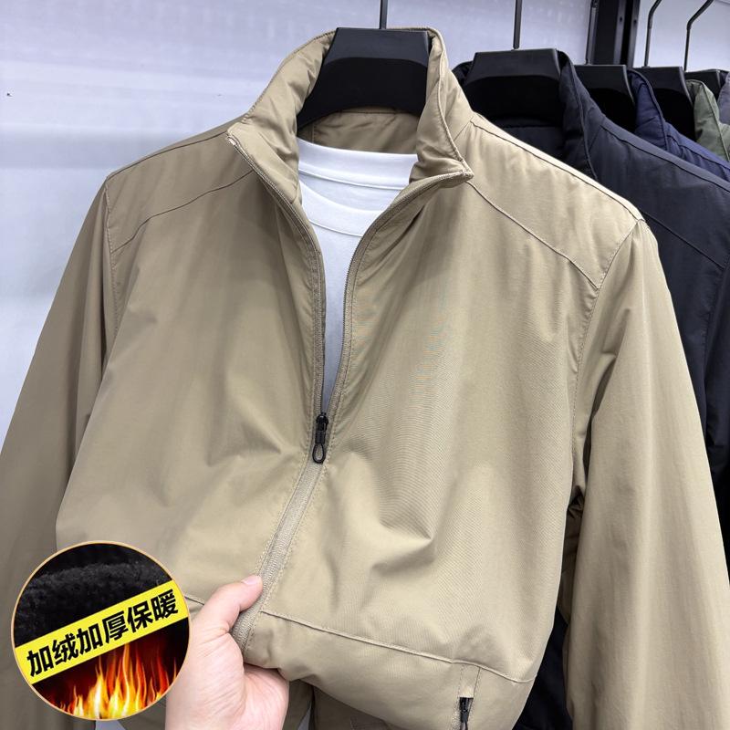 Men's Warm Velvet Jacket - Thick Stand Collar, Windproof, Solid Color Winter Coat for Middle-aged and Young Men.