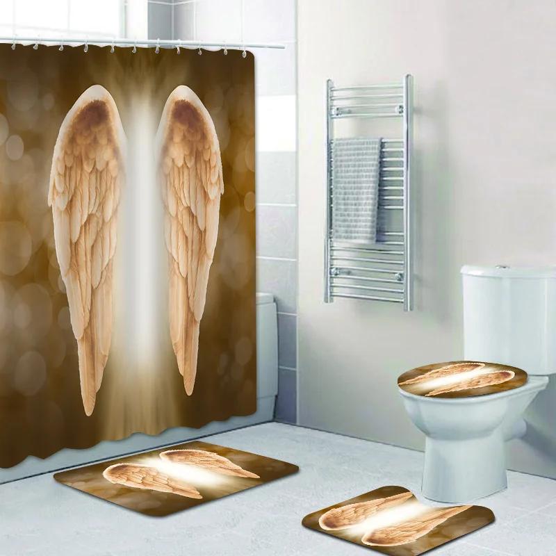 Watercolored Cute Angels Cherub Curtain Shower Curtains Set Floral Cupid Angel Wings Fairy Bathroom Curtain Set Mats Home Decor
