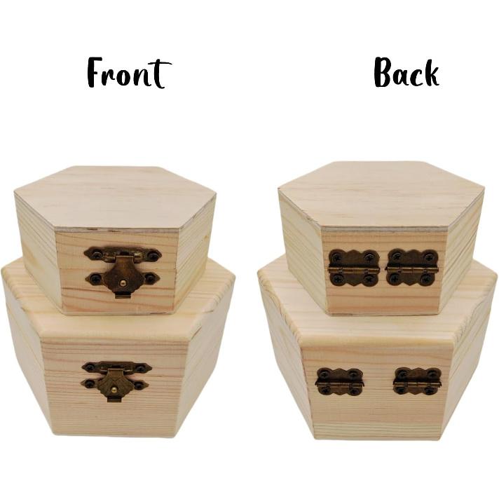 2 Pack Plain Unfinished Wooden Box, Hexagon Unpainted Wooden Jewellry Box DIY Storage Chest Treasure Case for Home Table Decoration
