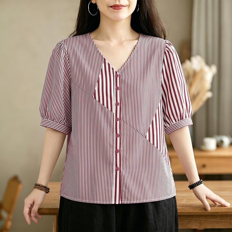 ZANZEA Women Casual V-Neck Loose Half Sleeve Stripe Blouse