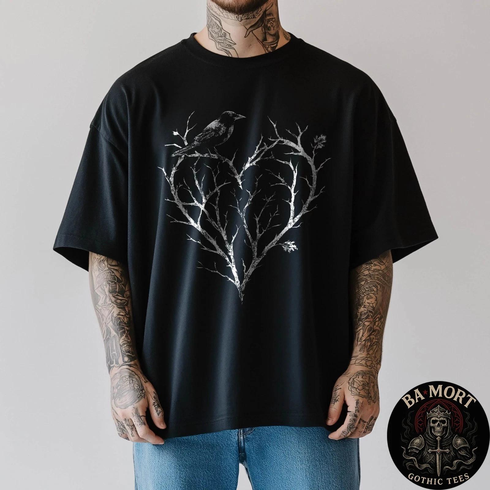 Gothic Raven Crow Heart Tree Thorn Love Goth Alt Alternative 100% Cotton T-shirt Mens Tees Top 2XL