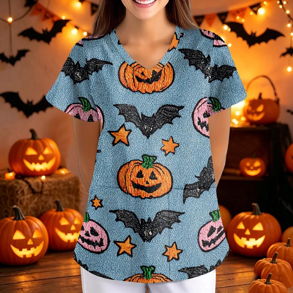 Women's Halloween Print Loose Fit V Neck Short Sleeve Medical Scrub Top with Pockets for Healthcare Professionals Nurse Uniform