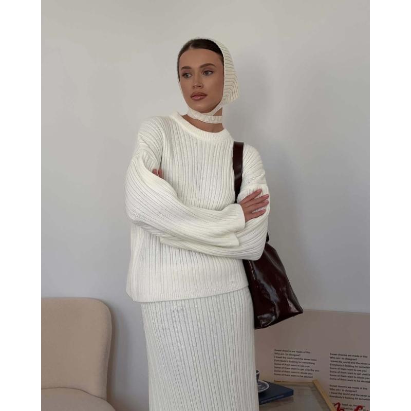 Women's Knitted Sweater 3 Piece Sets Winter Fall Lounge Long Sleeve Top Midi Dress Outfits Casual Chunky Sweater Skirt Sets for Women Loungewear Sets