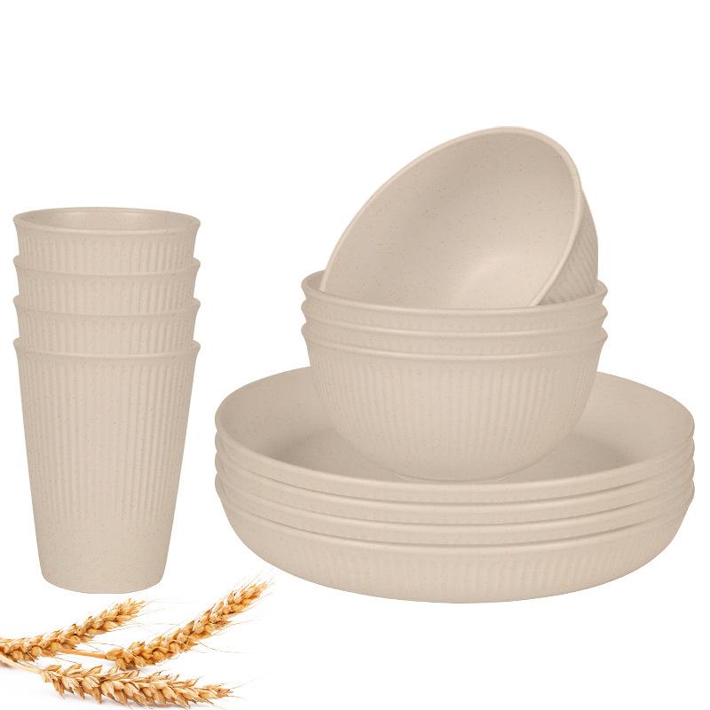12 ks Sada nádobí ze pšeničné slámy Nerozbitná sada talířů a misek Opakovaně použitelné sady nádobí Vhodné do myčky a mikrovlnné trouby