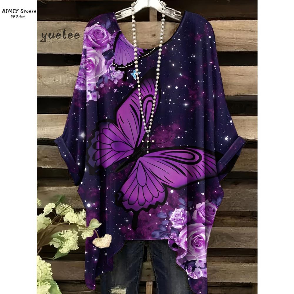 T-shirt Elegante Bohemien da Donna Stampa Notte Stellata Bianco Pois su Tutta la Superficie Orlo Asimmetrico Scollo a O Moda Casual Donna Abbigliamento Y2k