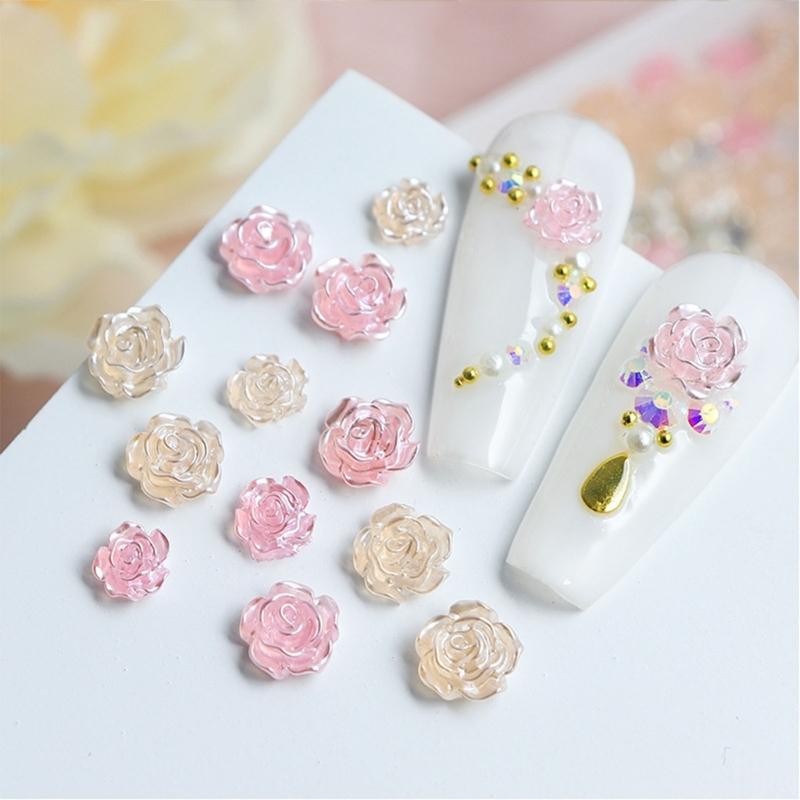50Pcs Rose Flower Nail Art Decorations with Mini Pearls Resin Flower Nail Art Charms for DIY Acrylic Nails Bride Nail