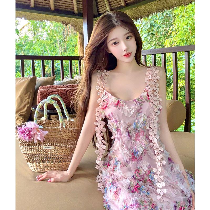Pink Flower Shadow French Floral Suspender Dress Women's Summer Gentle Wind Waist Thin Seaside Vacation Dress