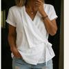 Dames V-hals Wikkelblouse Korte Mouwen Linnenmix Strik Taille Casual Top