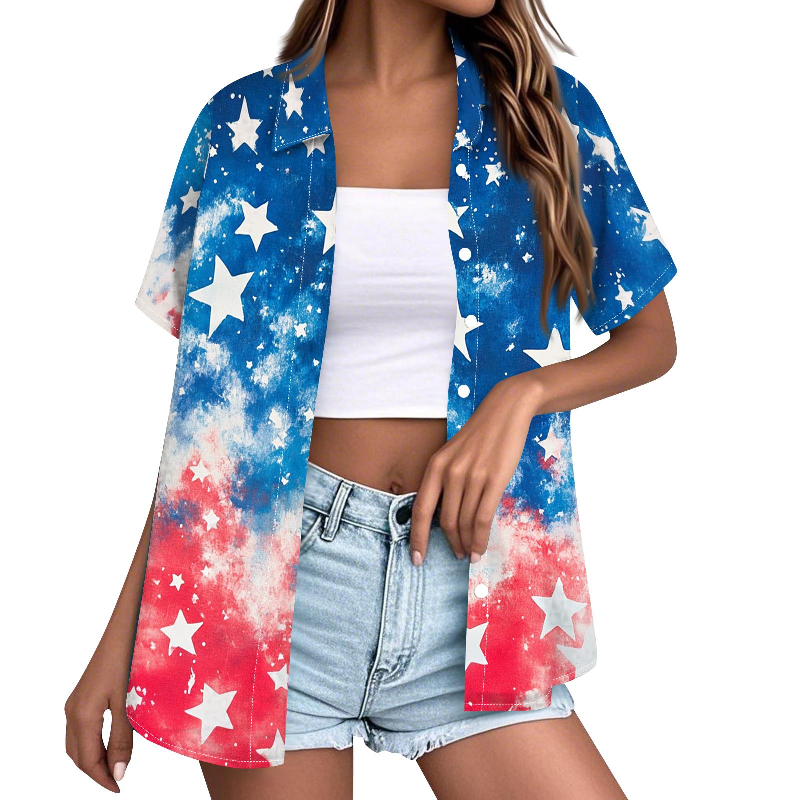 

Women s Fashion Casual Short Sleeve Button Lapel Shirt Tops L синий