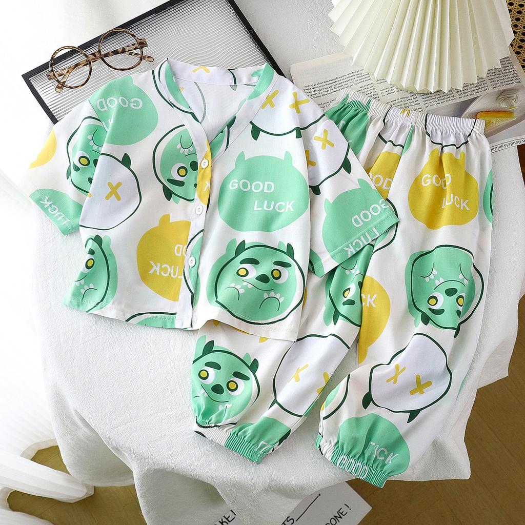 Children's Home Clothes Cotton Silk Set Summer Men's and Women's Pajamas Artificial Cotton Two Piece Set Cotton Silk Air Conditioning Clothes