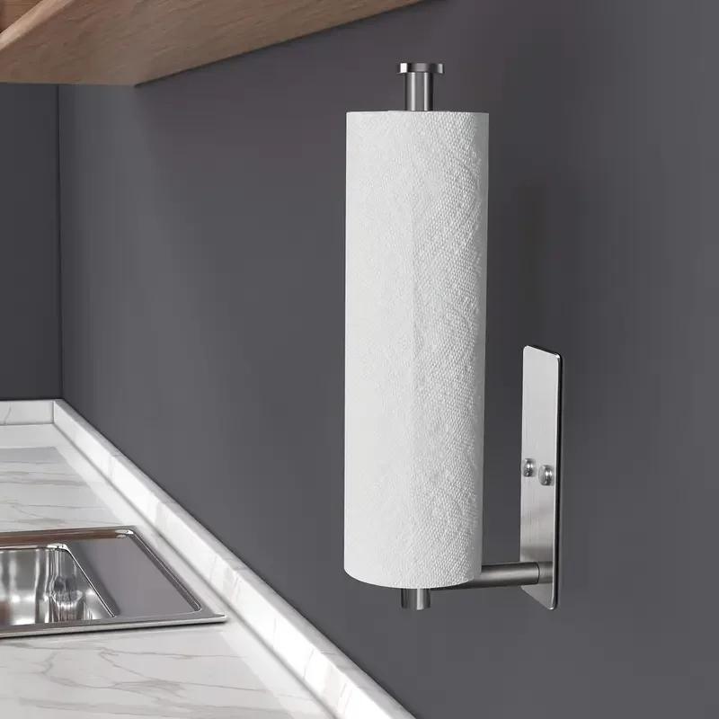 1PC Paper Towel Holder Under Cabinet Wall Mount Stainless Steel Kitchen Paper Towel Black Rack Self Adhesive No Drill Bathroom