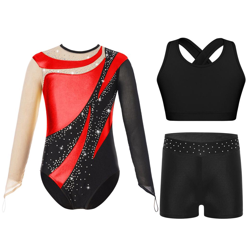 Gymnastics Leotard for Girls Kids with Shorts Long Sleeve Tumbling Ballet Dance Unitard with Active Vest