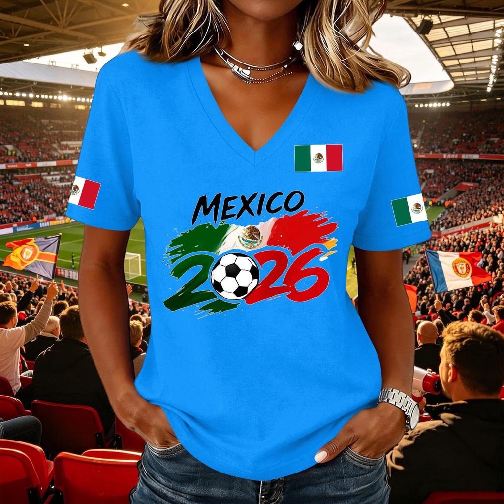 Women's Casual Short Sleeve V Neck Pullover Top Soccer Graphic Print National Flag Support Shirt for Outdoor Activities and Sports