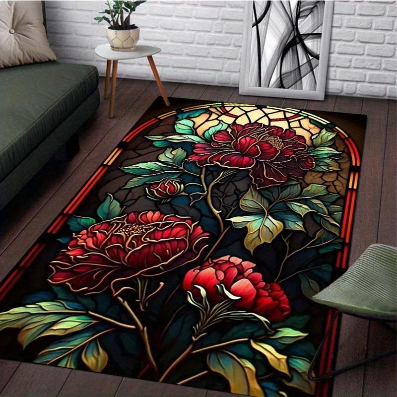 Stained Glass Flower Rug - Vibrant Peony Design for Dining Room, Botanical Art Home Decor Accessories Skid Resistant Carpet