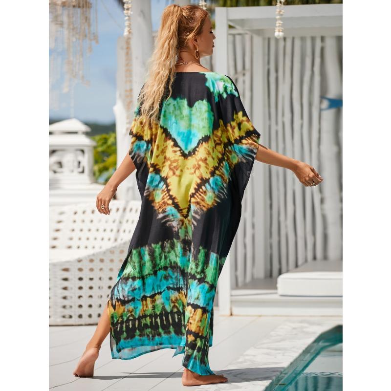 Moda Donna Estate Primavera Stampa a Blocchi di Colore Maniche 1/2 Scollo a V Linea Vita Lassa Abiti Casual