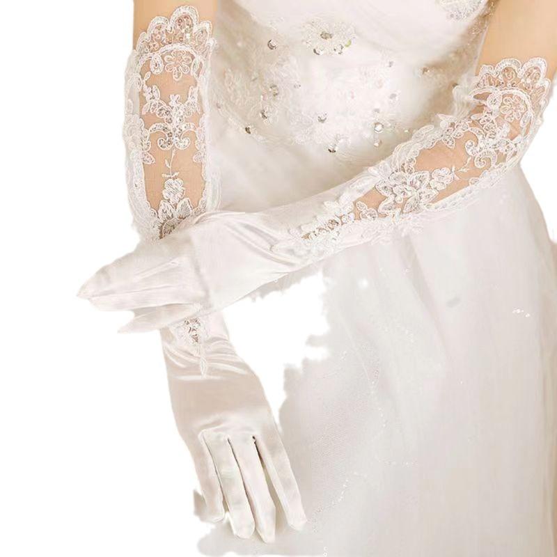 Luxury Long Lace Hollow Sequins Embroidered Wedding Dress Gloves Bag Finger White Dress Wedding Accessories