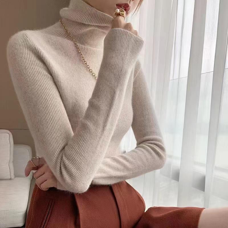 WTEMPO High Collar Stretchy Long Sleeve Slim Knitted Pullovers Women's Solid Color Casual Spring Autumn Soft Warm Sweaters