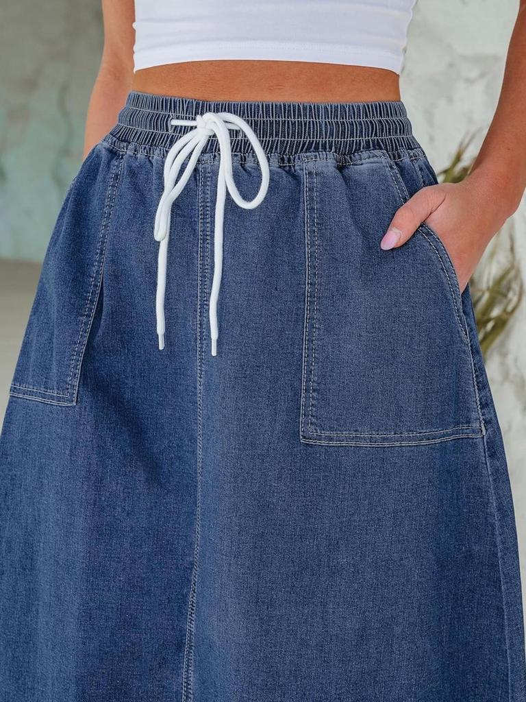 2026 Spring Y2K Drawstring Washed Denim Half Skirt - Casual & Elegant