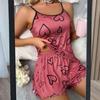 2 Pcs/Set Women O Neck Sleeveless Top Elastic Heart Print Strappy Pajamas Set High Waist Shirring