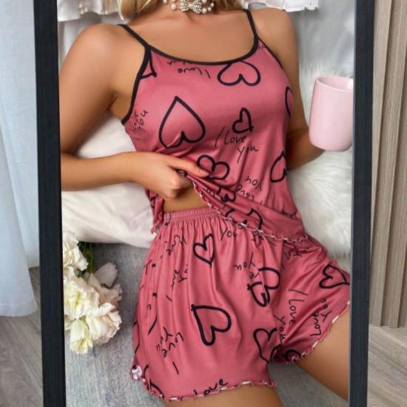 2 Pcs/Set Women O Neck Sleeveless Top Elastic Heart Print Strappy Pajamas Set High Waist Shirring