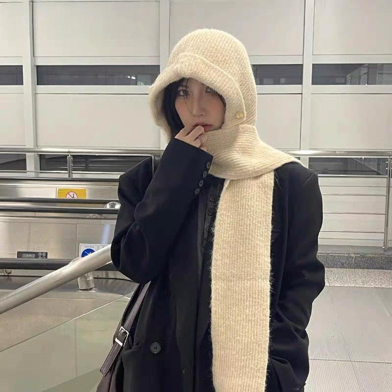 1Pc Solid Color Thicken Hat Cold Protection Integrated Keep Warm Shawl Buckled Knit