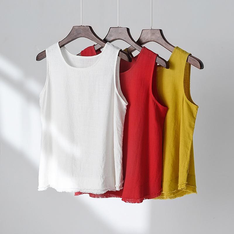 Summer new cotton and linen women's clothing literary and retro linen burr edge suspender top women's bottom small vest