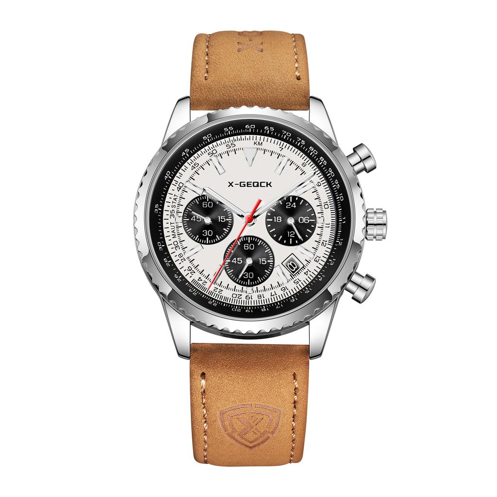 X-Geqck Three-Circle Luminous Waterproof Men'S Quartz Watch Light Luxury Gold-Brown Belt Multi-Function Chronograph Watch