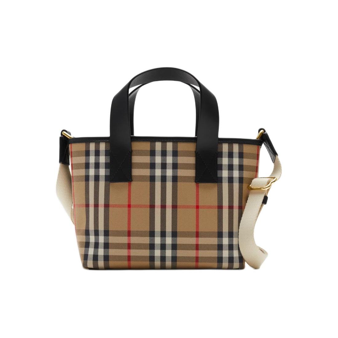 

Burberry Vintage Check Canvas Leather Mini Tote Crossbody Bag With Gold Hardware For Daily Use Shopping Bag Set(Basic Set+Shopping Bag)