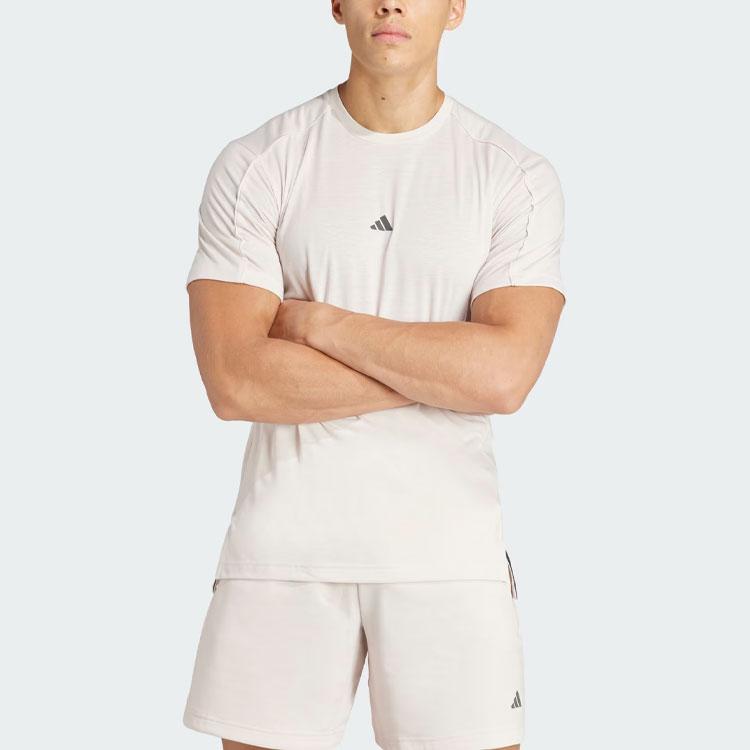 Adidas Letter Print Yoga Training Crew Neck Short Sleeve T-Shirt Men Tops Beige IP2754