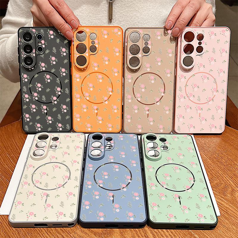 Custodia con Motivo di Fiori Rosa Per Samsung Galaxy S26 Ultra S25 Edge S24 Plus S23 FE S22 A54 A55 A56 5G Magnetica Per Magsafe Copertura Opaca