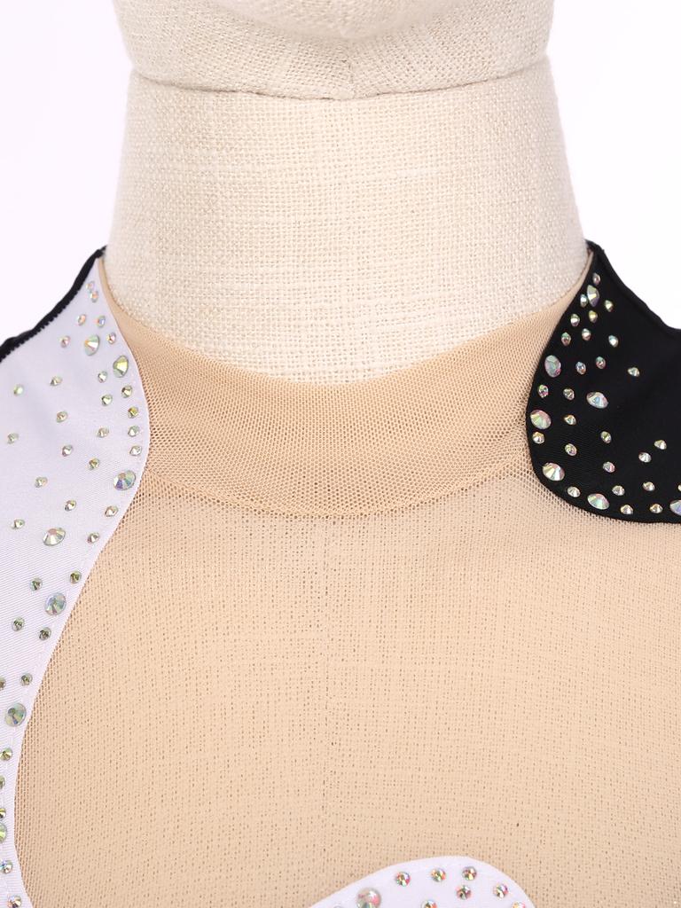 Damen Colorblock Patchwork Turnanzug Glitzer Strass Sheer Mesh Langarm Body Gymnastik Akrobatik Tanzbekleidung