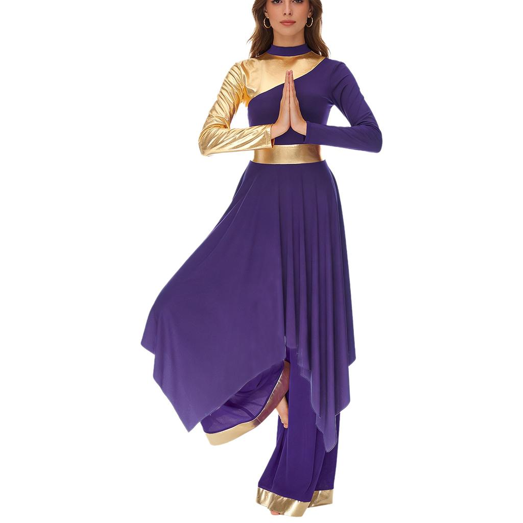 S-XXL Womens Worship Praise Dance Costume Long Sleeve Asymmetrical Hem Dress and Wide Leg Pants Contrast Color Dancewear Outfits