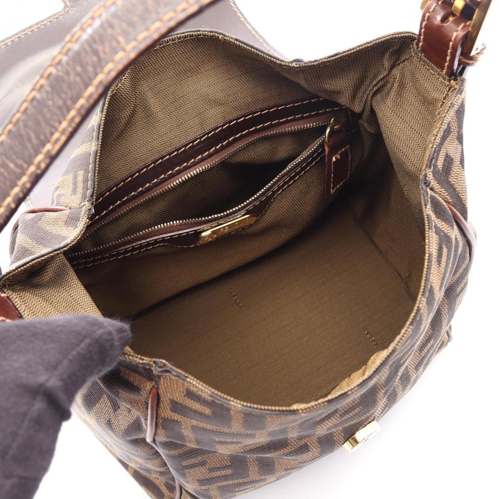Used FENDI Zucca Handbag Canvas Leather Brown Used Women