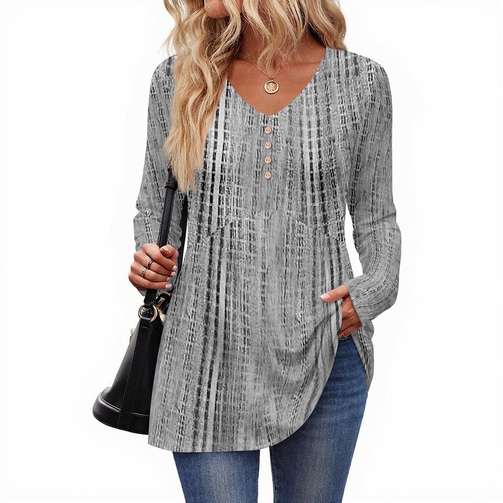 Women's Casual Fashion V-Neck Button Textured Long Sleeve Top