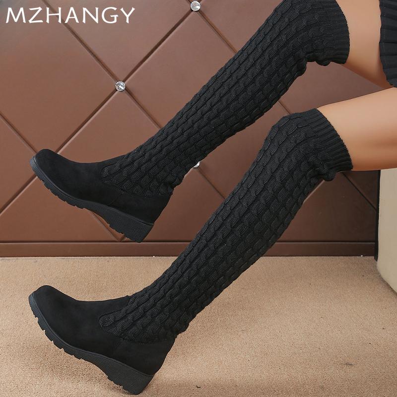 Fashion Women Wedges High Boots Mid Heels Over The Knee Knitting Shoes Woman 2025 Trend Winter Fashion Classic Sock Boots Mujer Botas