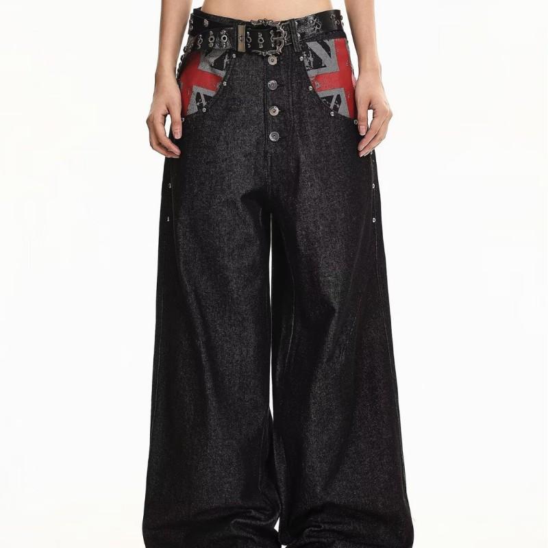 American Vintage Embroidered Wide Leg Jeans Unisex High Street Loose Straight Trousers