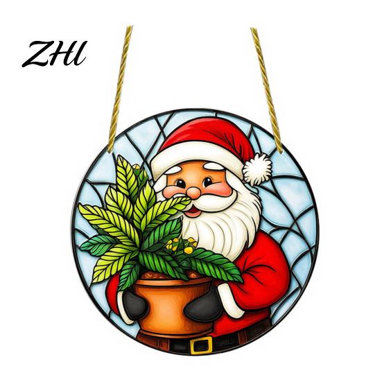 Acrylic Santa Claus Pendants Stained Glass Style Christmas Hanging Pendant, Plants Ornaments with Lanyard Double Sided Printed Xmas for Tree