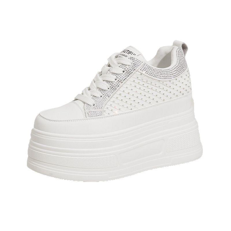 Platform White Shoes Women's Spring and Summer 2025 New Rhinestone Fashion Versatile Casual Shoes Small Inner Height Increase Women's Shoes