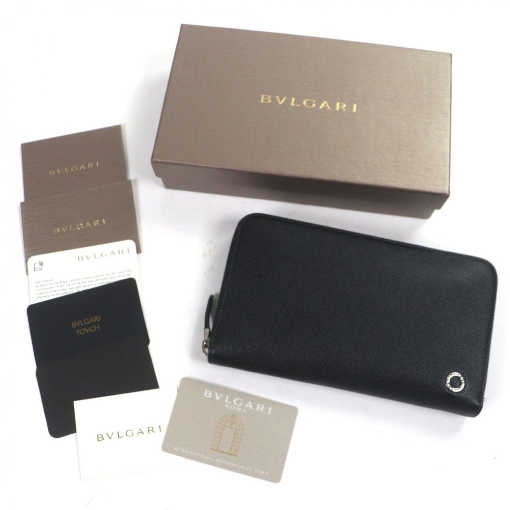 Great BVLGARI Purse Logo Metal Round Zip Long Wallet black leather mens Used