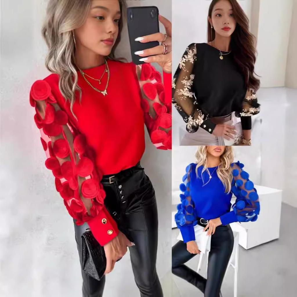 Autumn Long-sleeved Fashionable Round-neck Petal-sleeve Blouse for Women