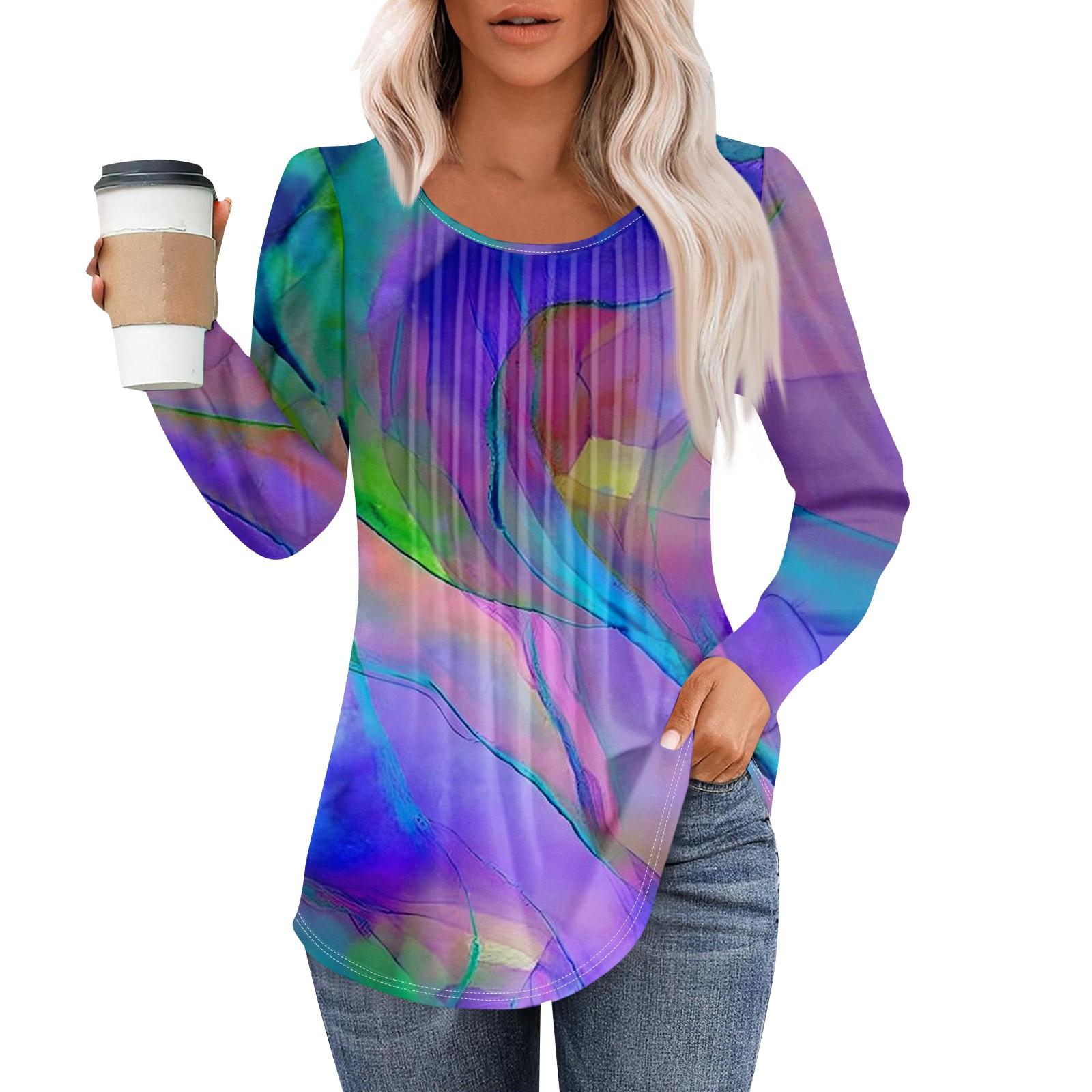 

Рубашки с длинным рукавом для женщин, футболки с милым принтом и графикой, блузки, нарядные повседневные блузки, плиссированные топы-туники с овальным вырезом XXL синий