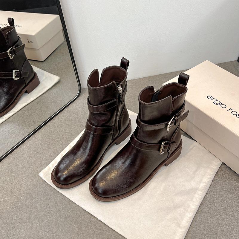 

Версия из коровьей кожи~ Натуральная кожа ретро двойная пряжка низкие рыцарские сапоги женские британский стиль стройнящие ноги длинные короткие сапоги-трубы локомотив Мартин 40