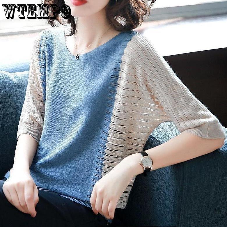 

Летний женский трикотажный топ свободного кроя из ледяного шелка с рукавами средней длины, футболка с короткими рукавами и рукавами семь четвертей