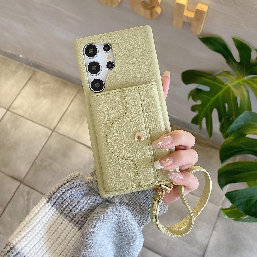 

Чехол для Samsung Galaxy S24 Ultra с зеркальным дизайном, задняя крышка из ПУ кожи со слотами для карт, ремешок на запястье Green