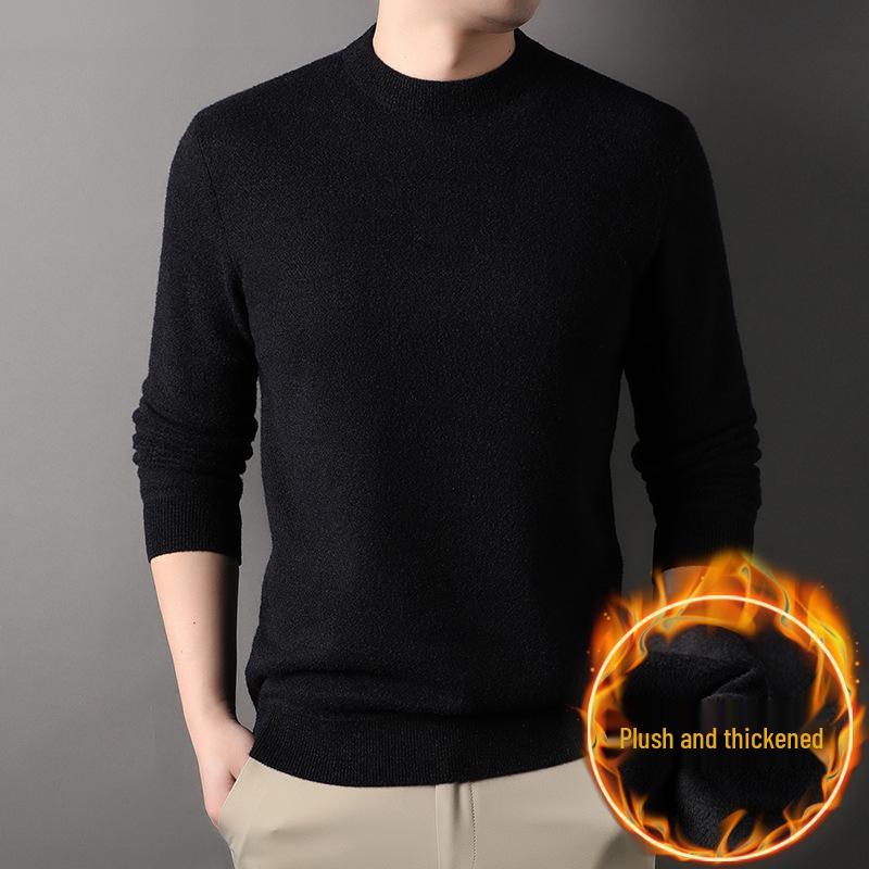 Men's Warm Thickened Knit Sweater - Autumn/Winter Casual, Middle-Aged, Round Neck, Solid Color, Fluffy Velvet.